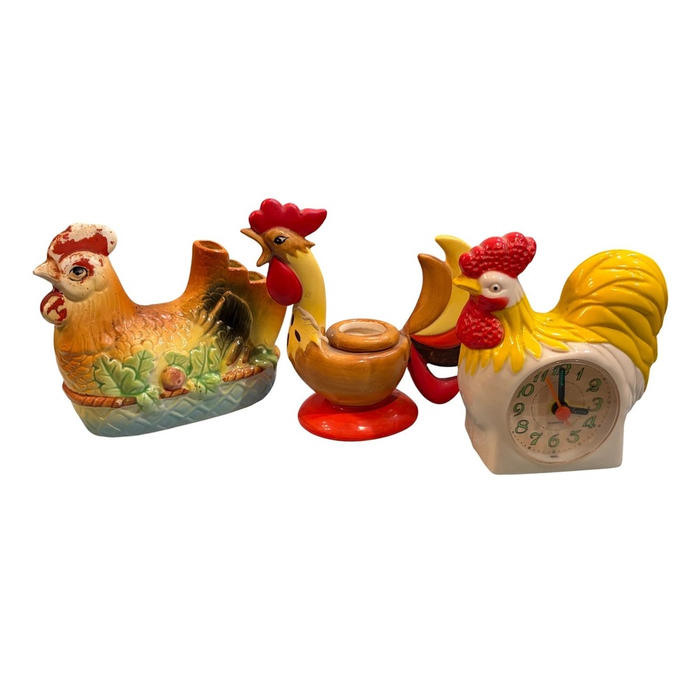 1960s Holt Howard Japan + Rooster Chicken Decor Lot 3 Ceramic Clock Candle MCM